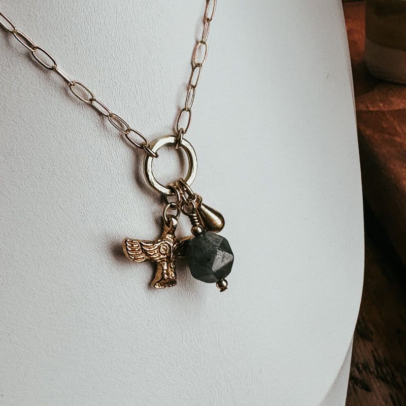 Owl and Labradorite Charm Necklace