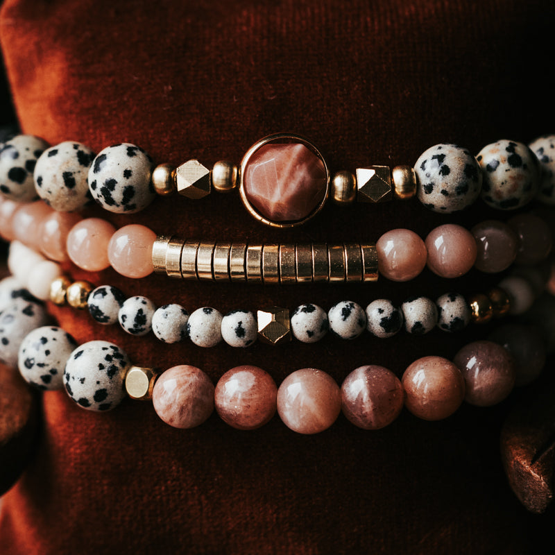 Dalmatian/Sunstone Gemstone Bracelet Stack