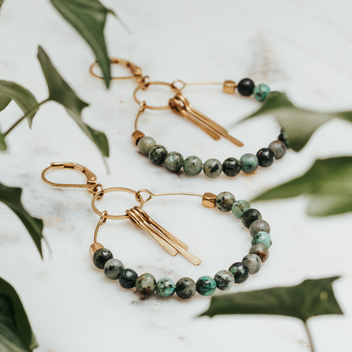 Brass Fringe African Turquoise Hoop Earrings