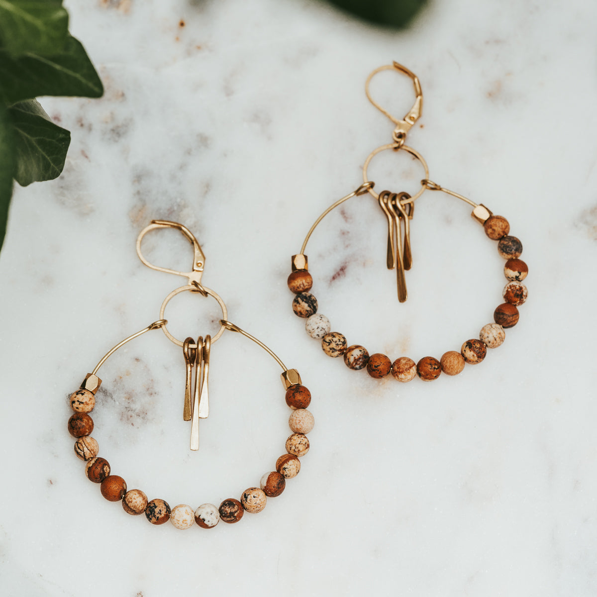 Brass Fringe Picture Jasper Hoop Earrings