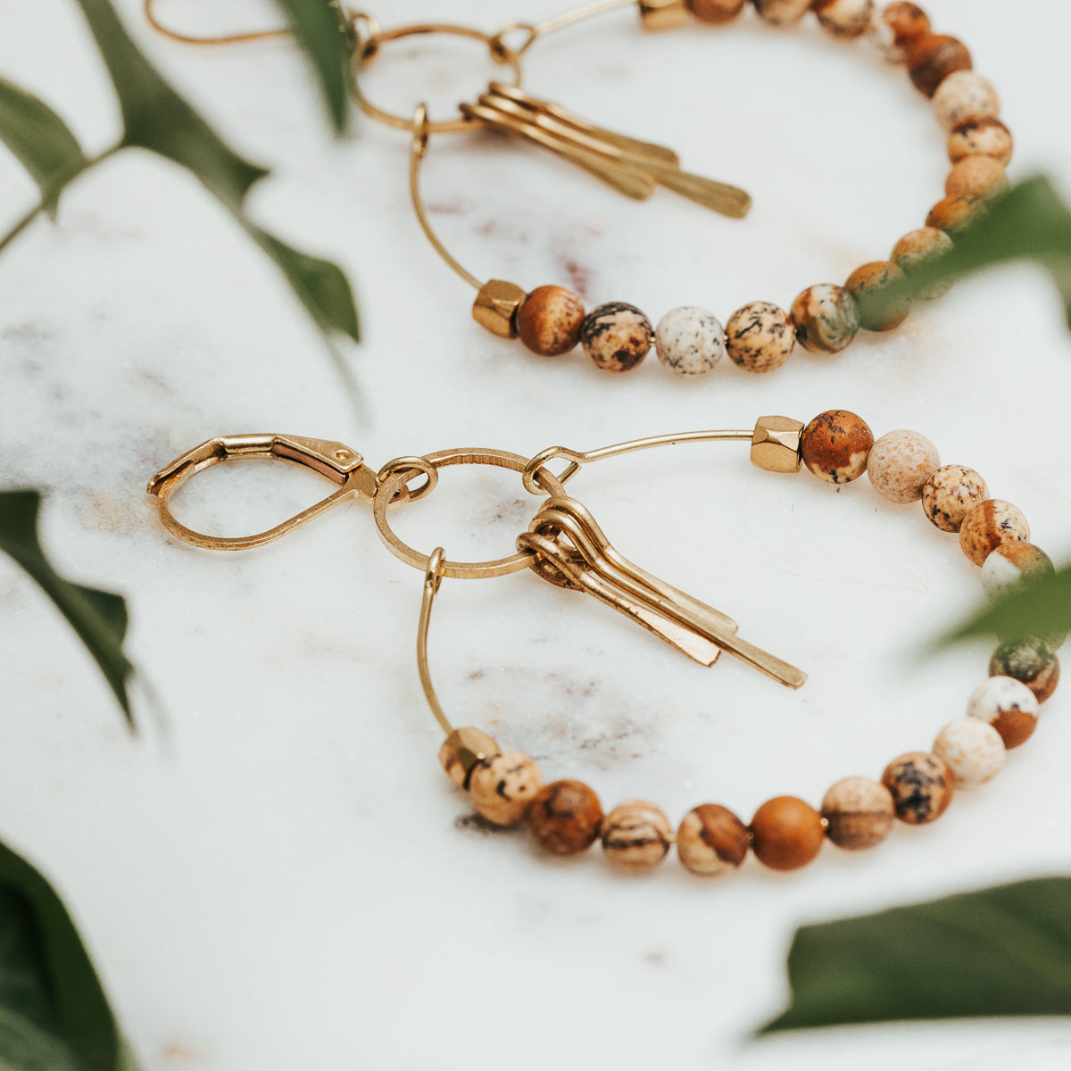 Brass Fringe Picture Jasper Hoop Earrings