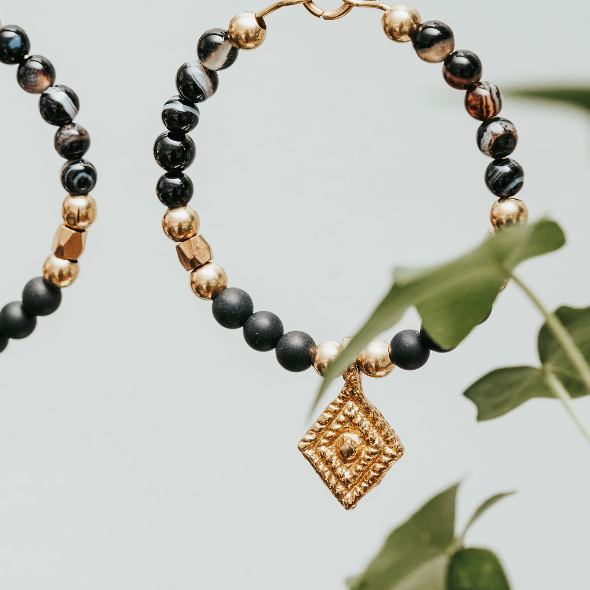 Black Striped Agate Lozenge Hoop Earrings