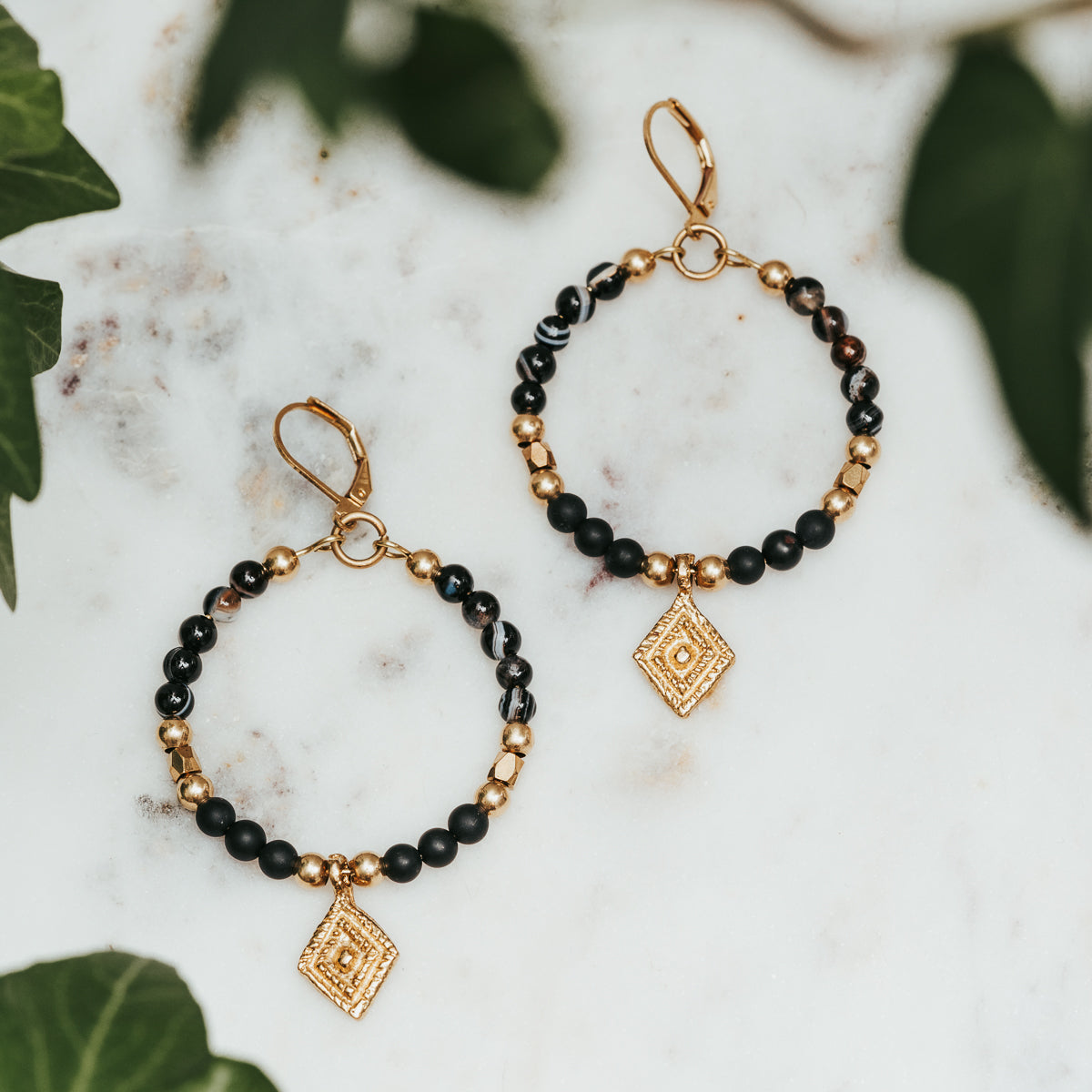 Black Striped Agate Lozenge Hoop Earrings