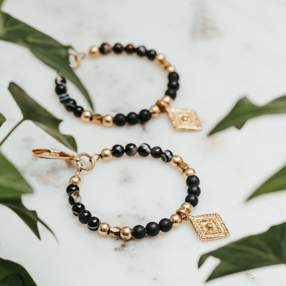 Black Striped Agate Lozenge Hoop Earrings