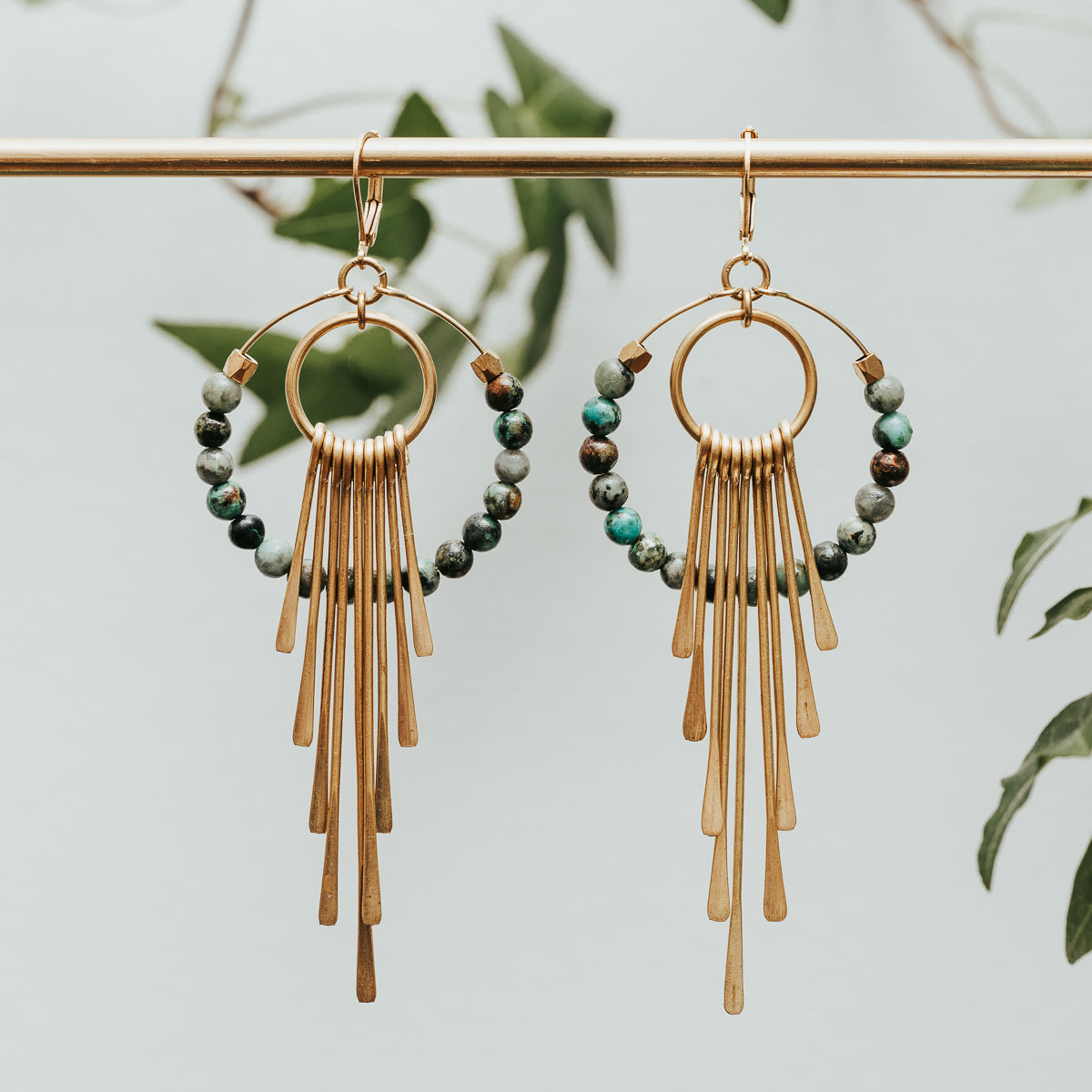 African Turquoise Brass Fringe Hoop Earrings