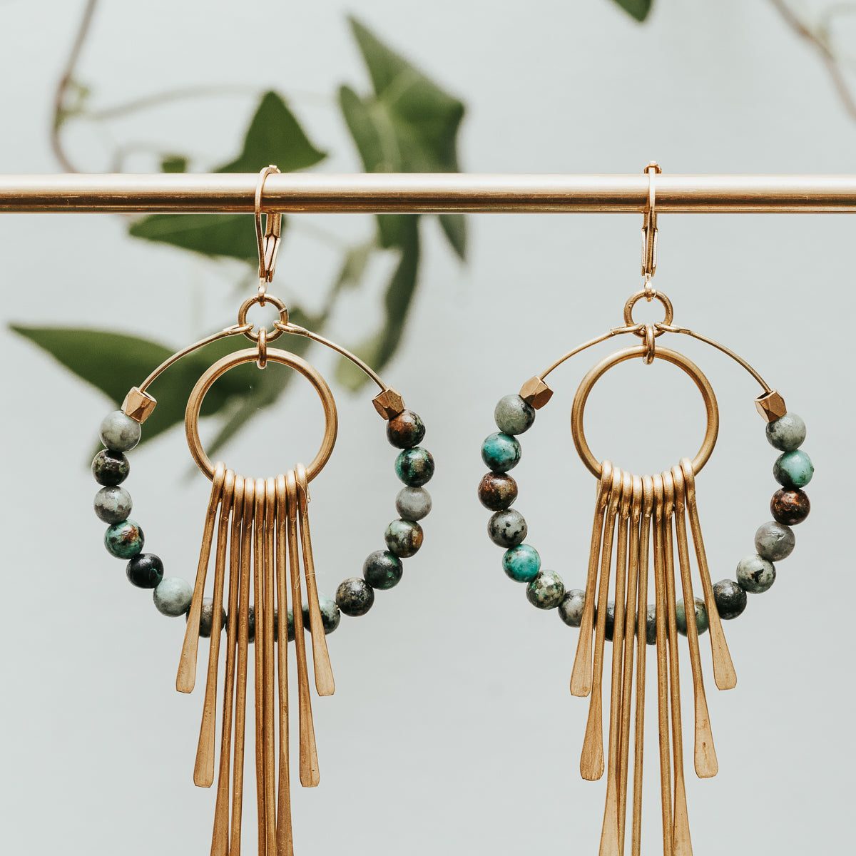 African Turquoise Brass Fringe Hoop Earrings