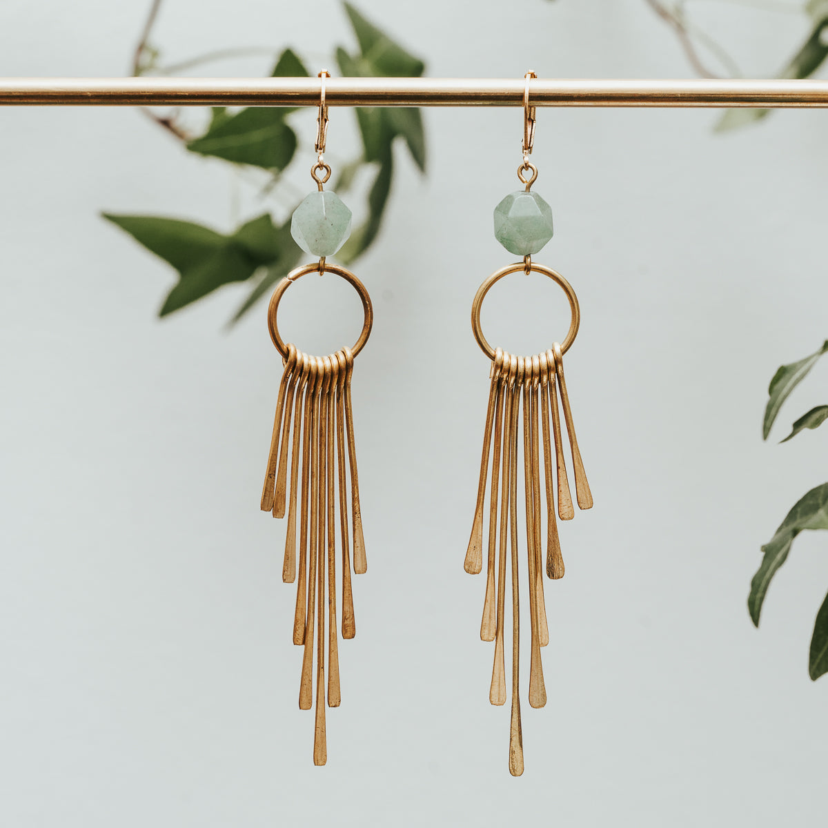 Green Aventurine Brass Fringe Hoop Earrings