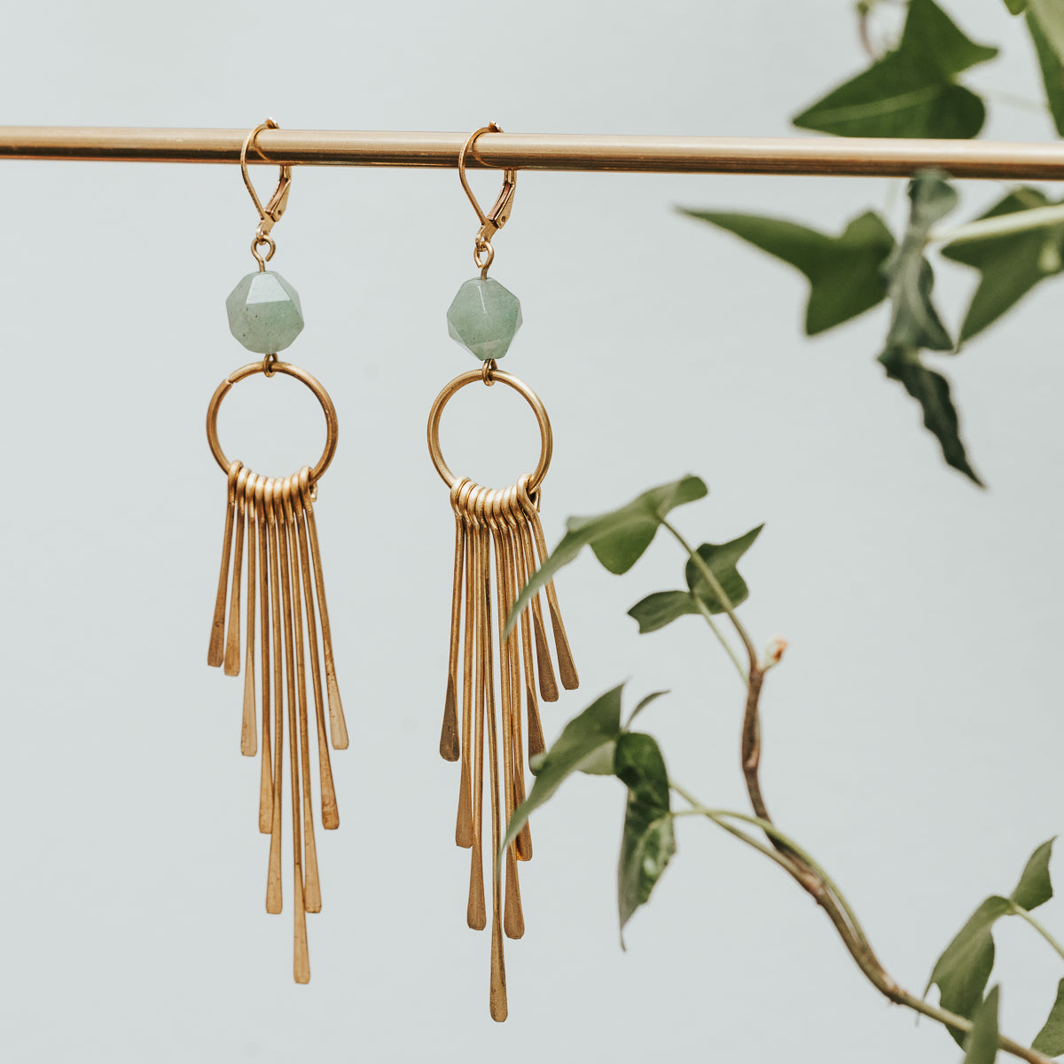 Green Aventurine Brass Fringe Hoop Earrings