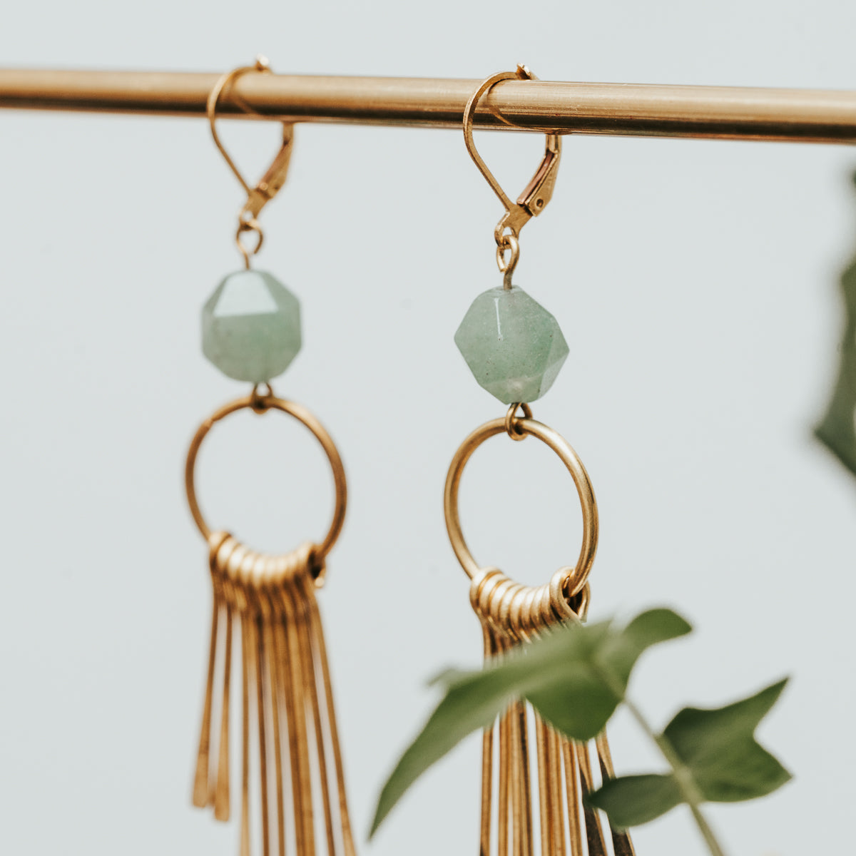 Green Aventurine Brass Fringe Hoop Earrings