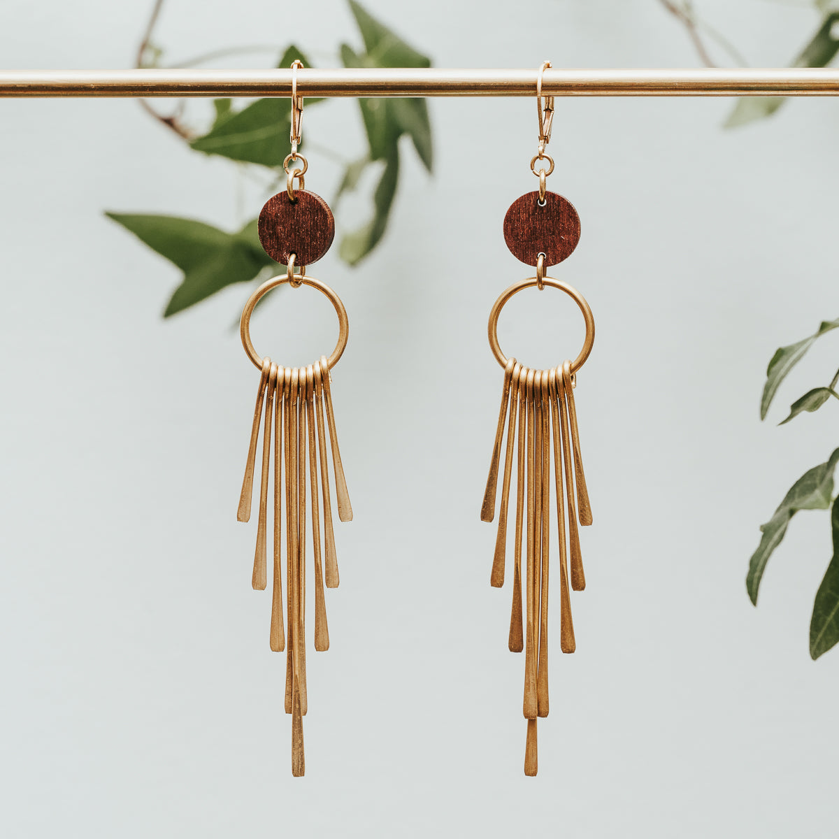 Wood Circle Brass Fringe Earrings