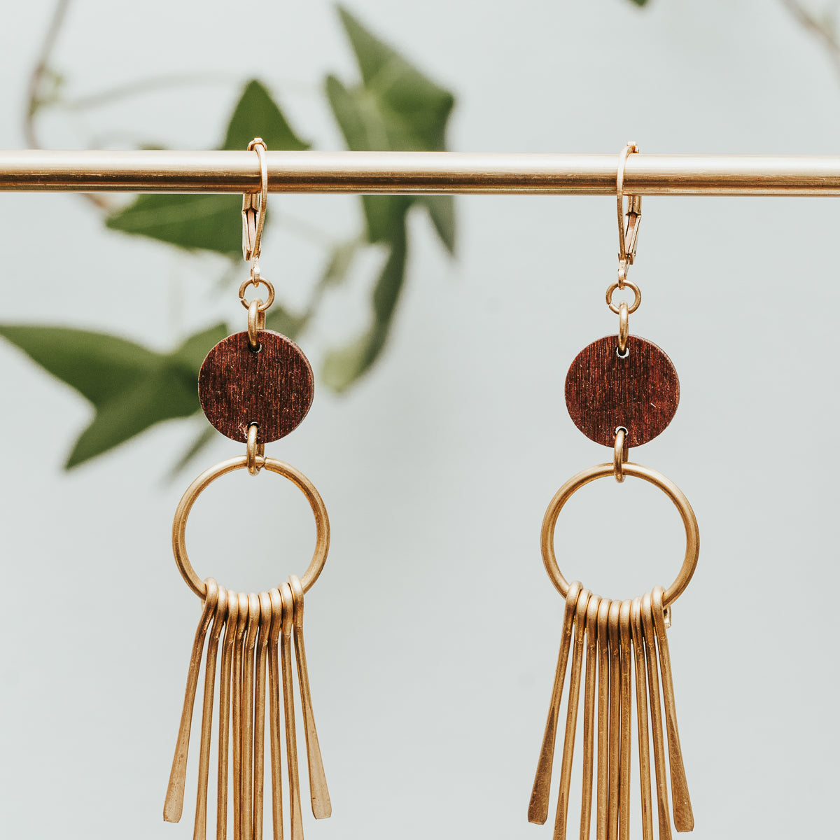 Wood Circle Brass Fringe Earrings