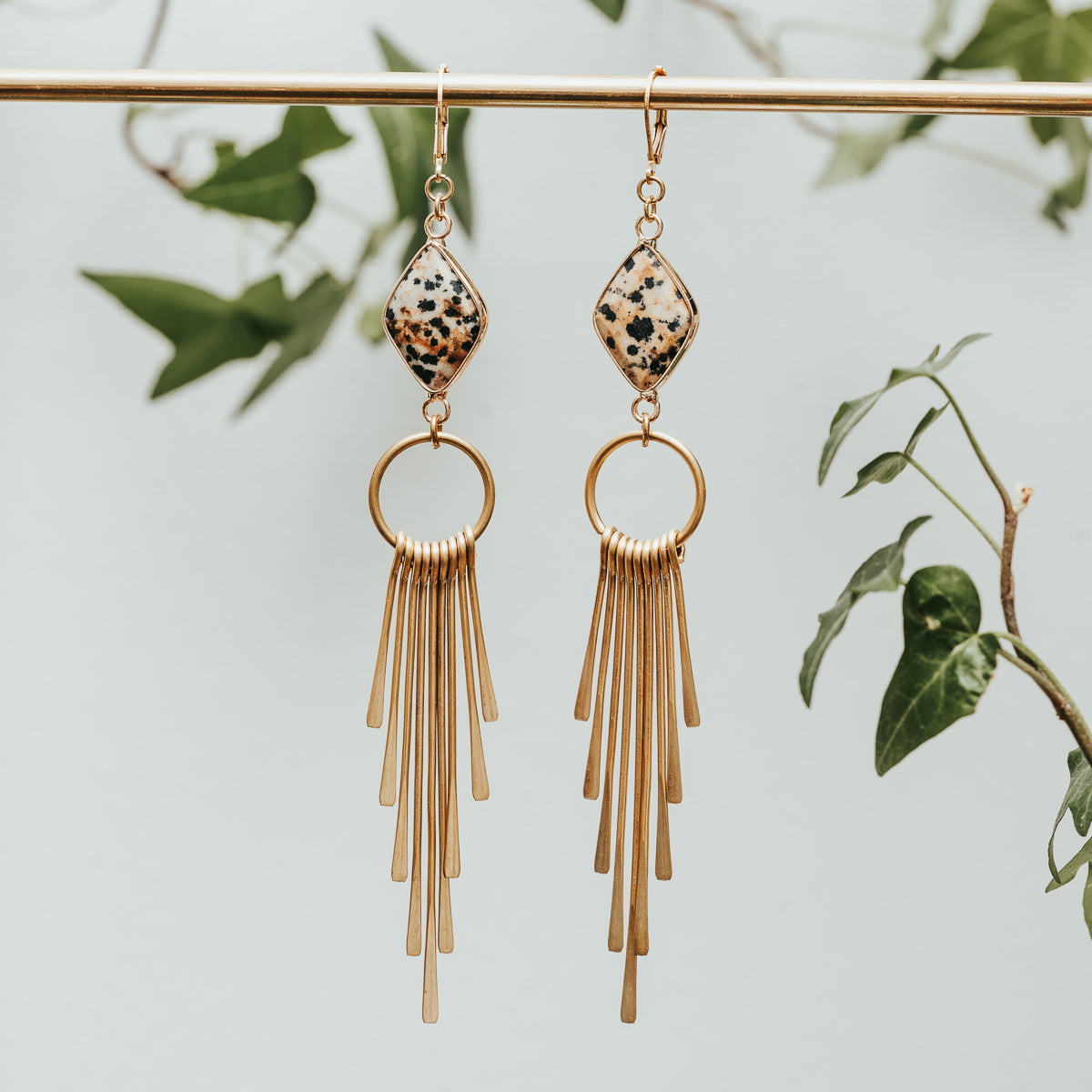 Dalmatian Jasper Brass Fringe Earrings