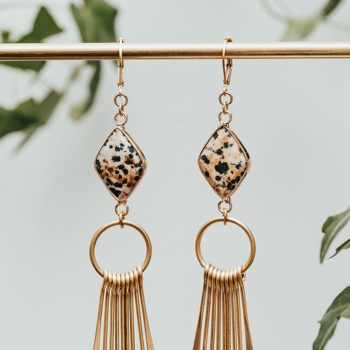 Dalmatian Jasper Brass Fringe Earrings