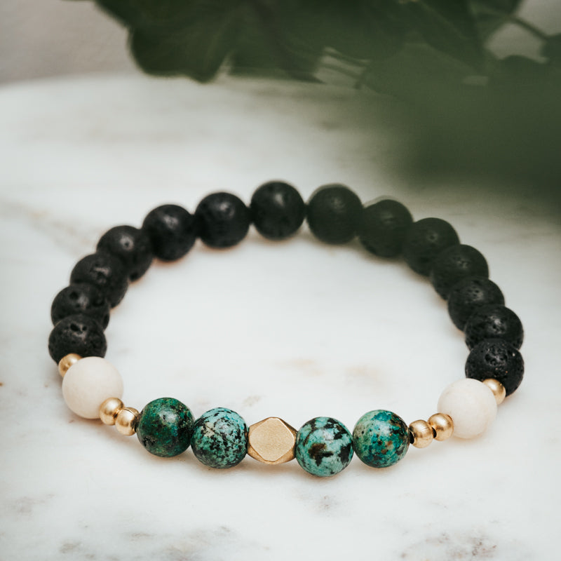 African Turquoise, Lava & Fossil Gemstone Bracelet
