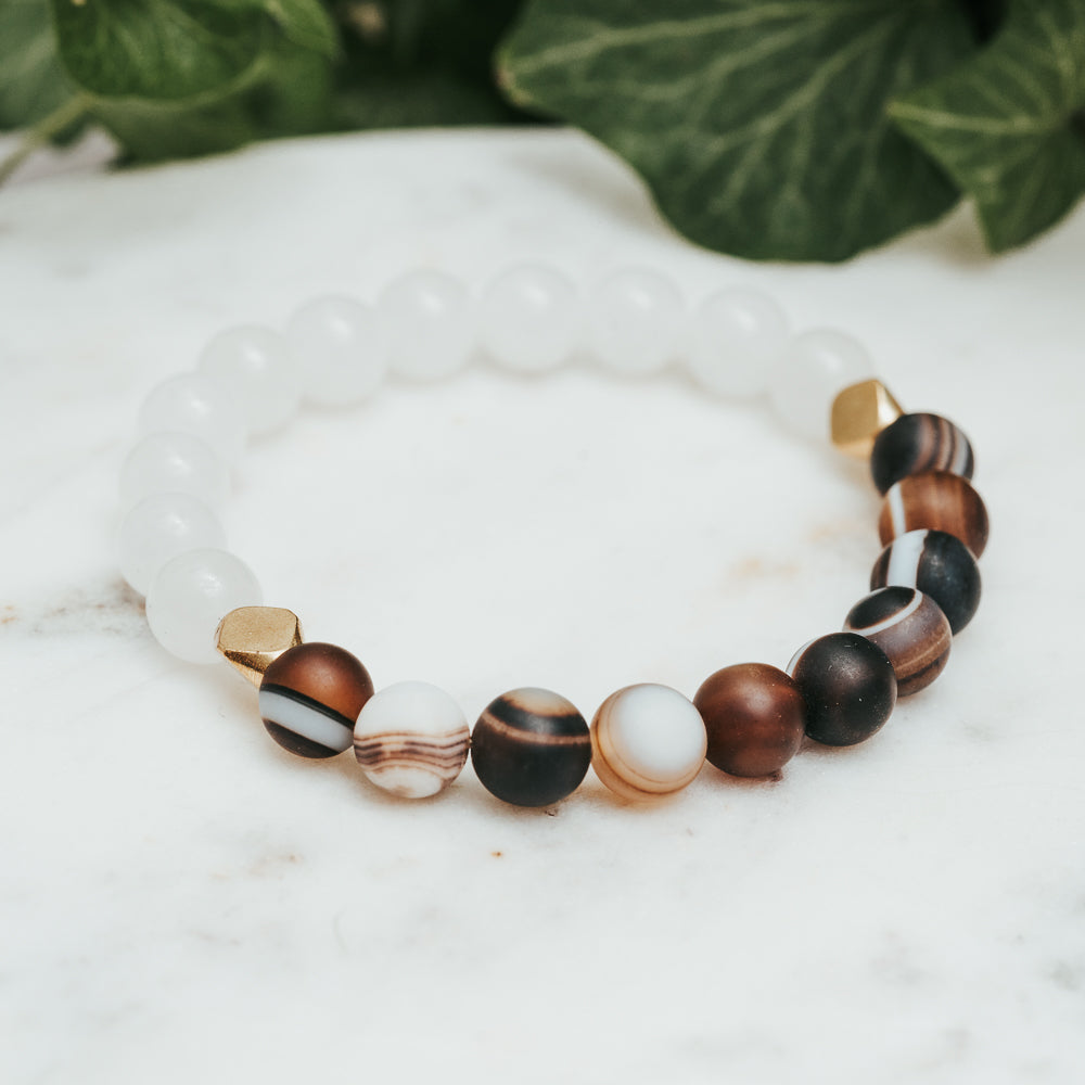 Brown Striped Agate &  White Jade Bracelet