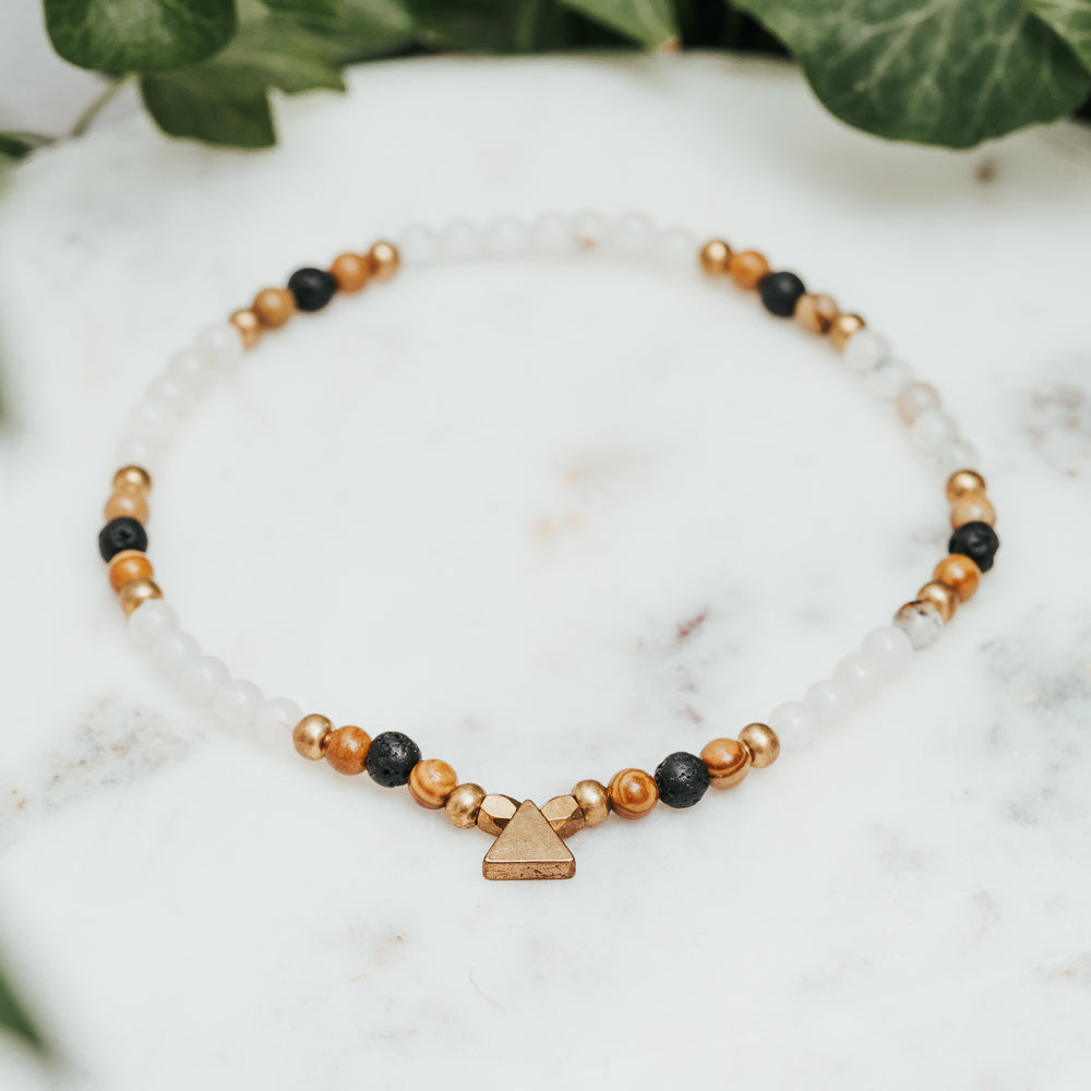 Natural Agate, Wood Lace & Lava Trianlge Anklets