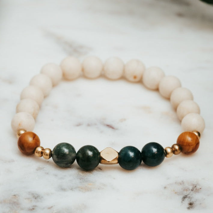 Moss Agate, Wood Lace & Fossil Bracelet