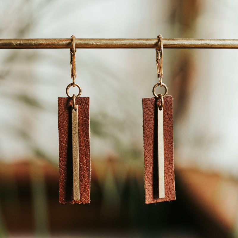 Brass & Hide Rectangle Earrings