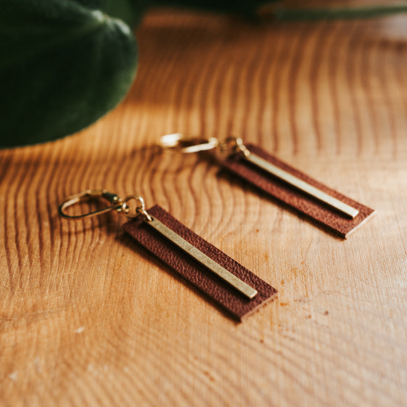 Brass & Hide Rectangle Earrings