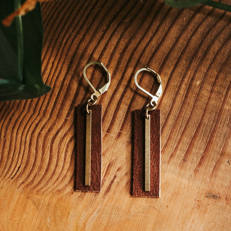 Brass & Hide Rectangle Earrings