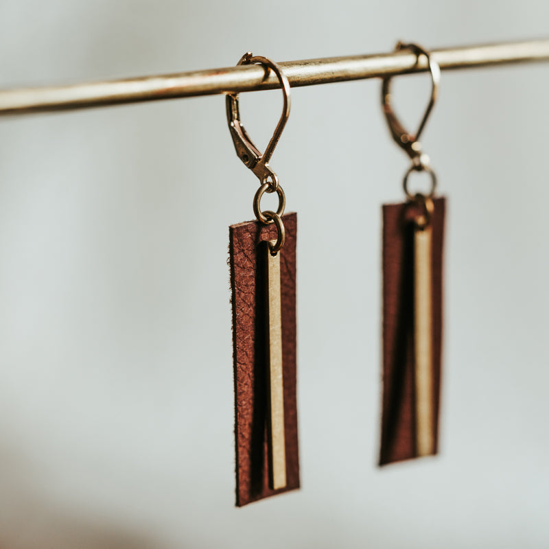 Brass & Hide Rectangle Earrings