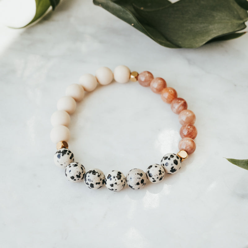 Dalmatian, Fossil & Sunstone Gemstone Bracelet