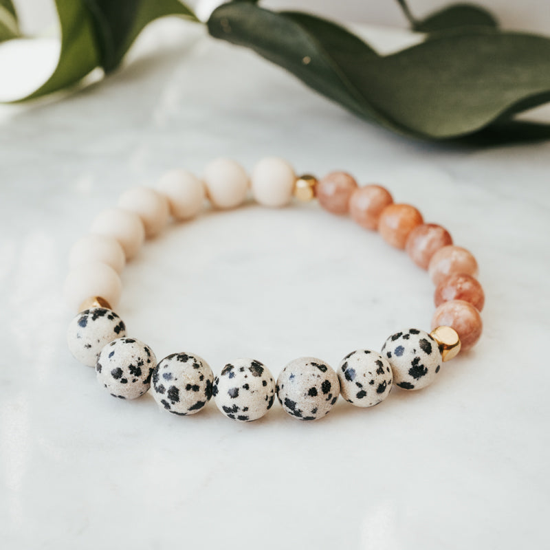 Dalmatian/Sunstone Gemstone Bracelet Stack