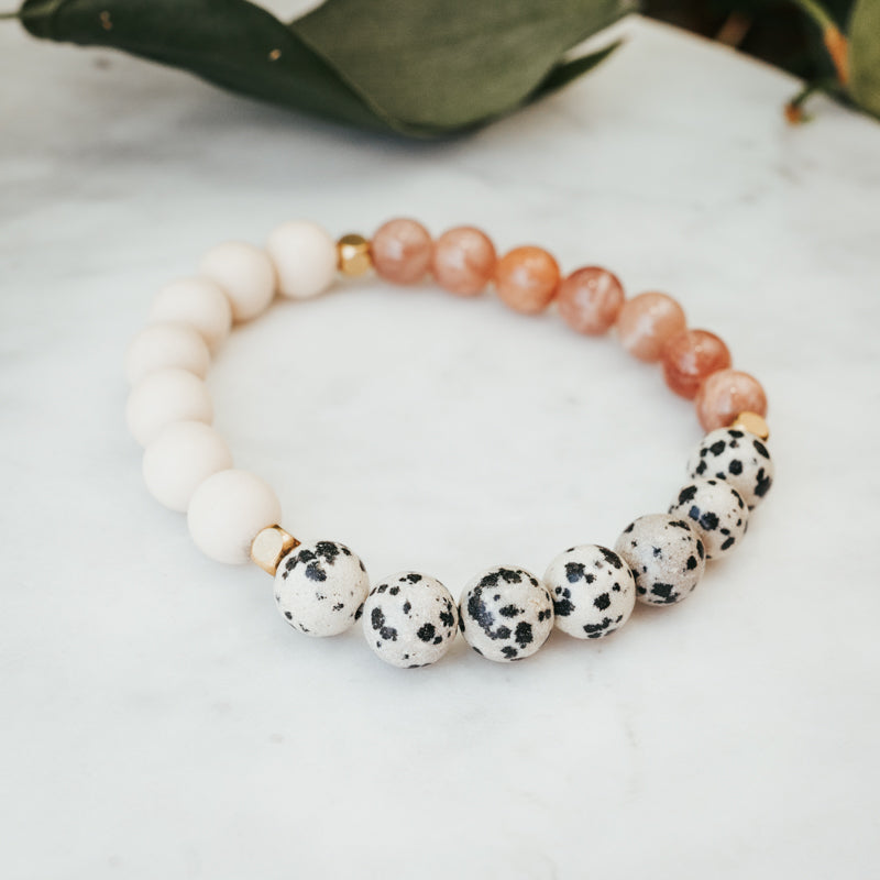 Dalmatian, Fossil & Sunstone Gemstone Bracelet