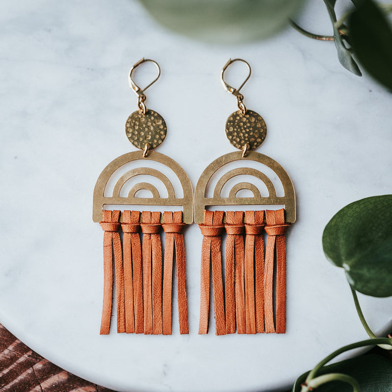 Rainbow Leather Fringe Earrings - Brown