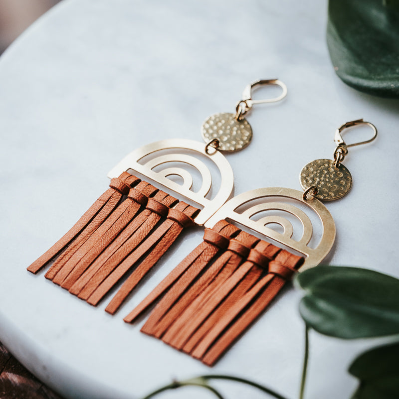 Rainbow Leather Fringe Earrings - Brown
