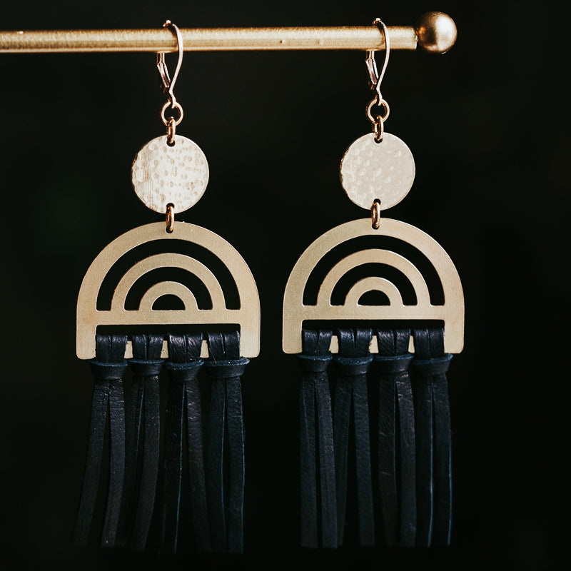 Rainbow Leather Fringe Earrings - Black