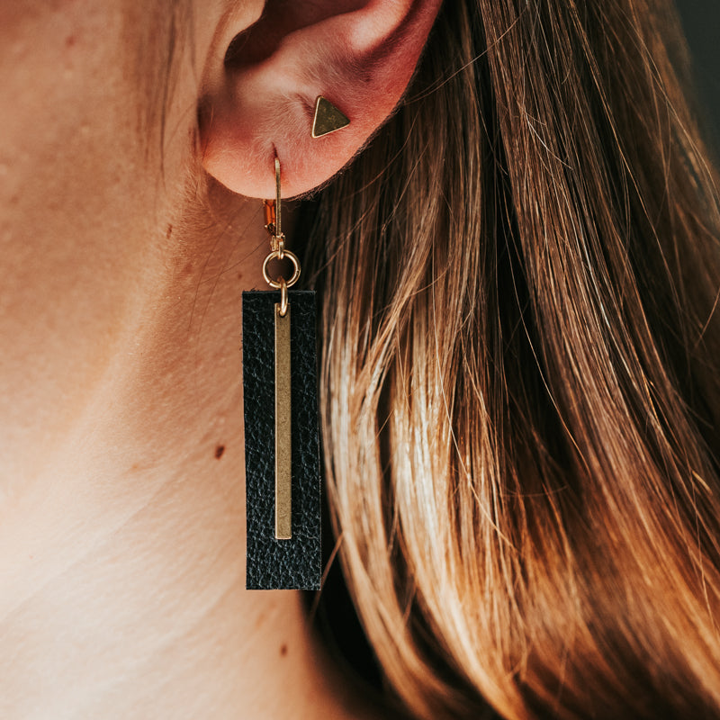 Brass & Hide Rectangle Earrings