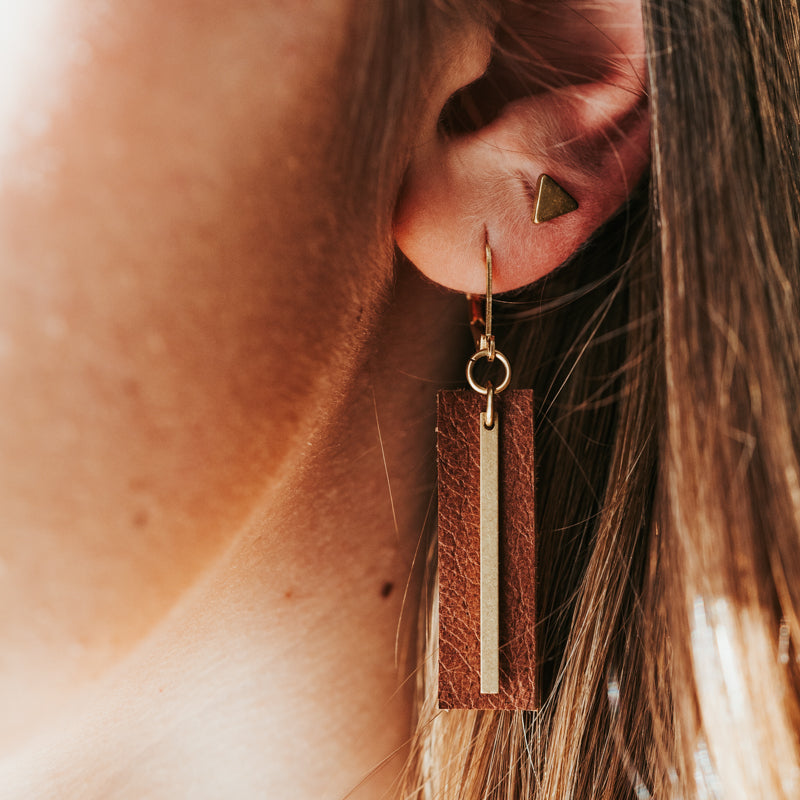Brass & Hide Rectangle Earrings