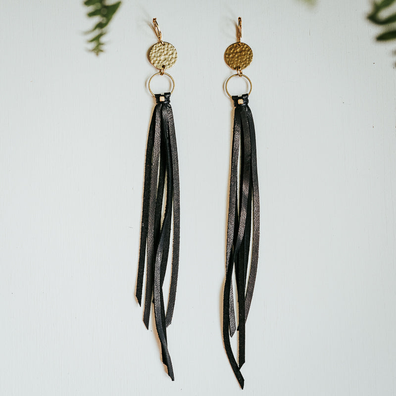 Fringe Leather Earrings - Black