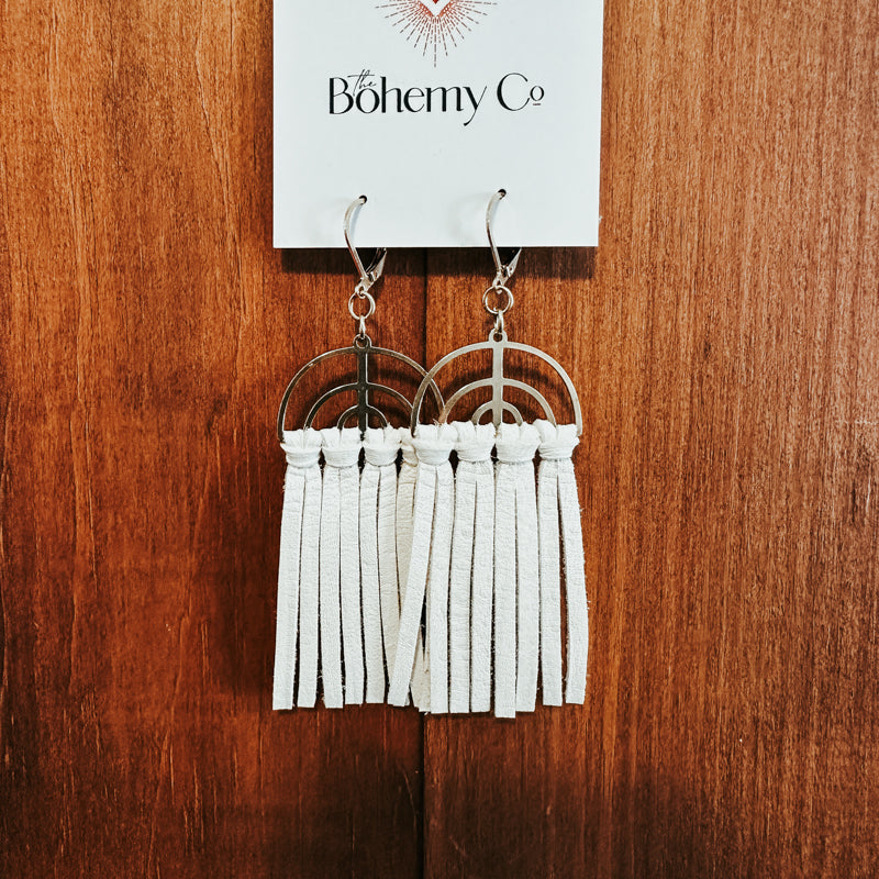 White Leather Fringe Earrings