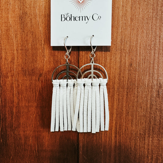 White Leather Fringe Earrings