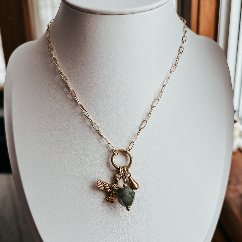 Owl and Labradorite Charm Necklace