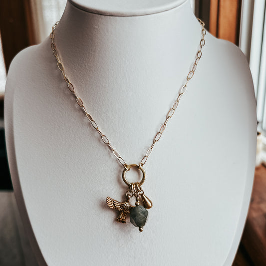Owl and Labradorite Charm Necklace