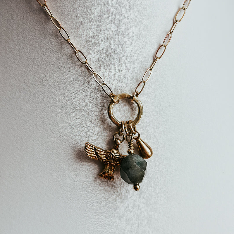 Owl and Labradorite Charm Necklace