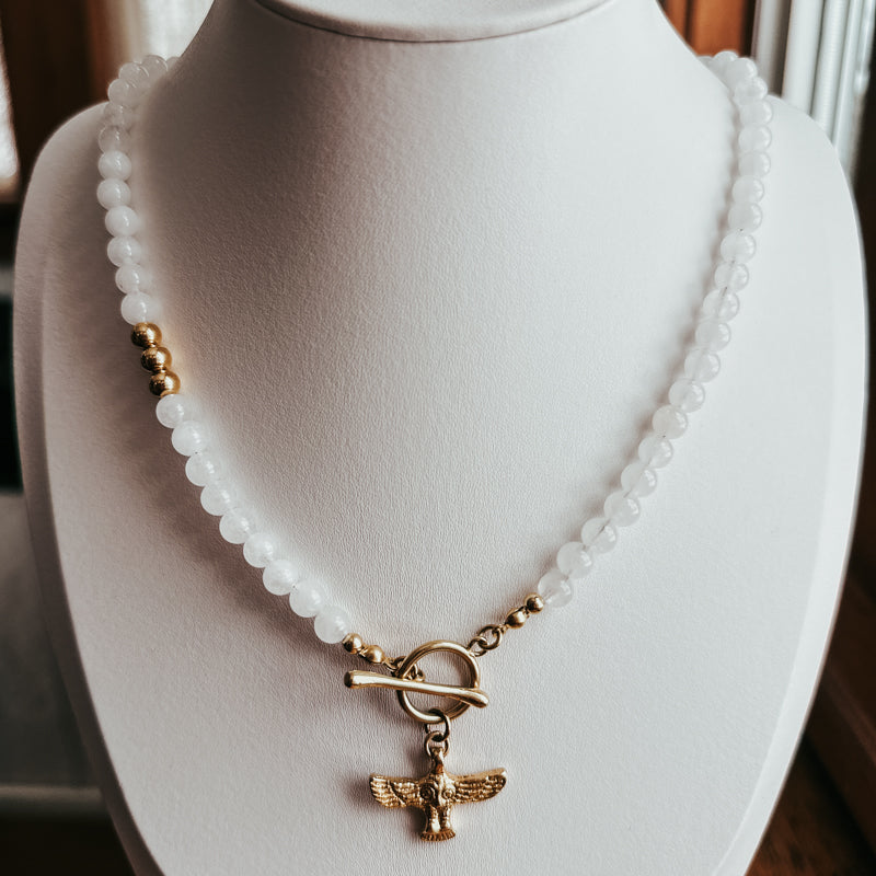White Jade Owl Toggle Clasp Necklace