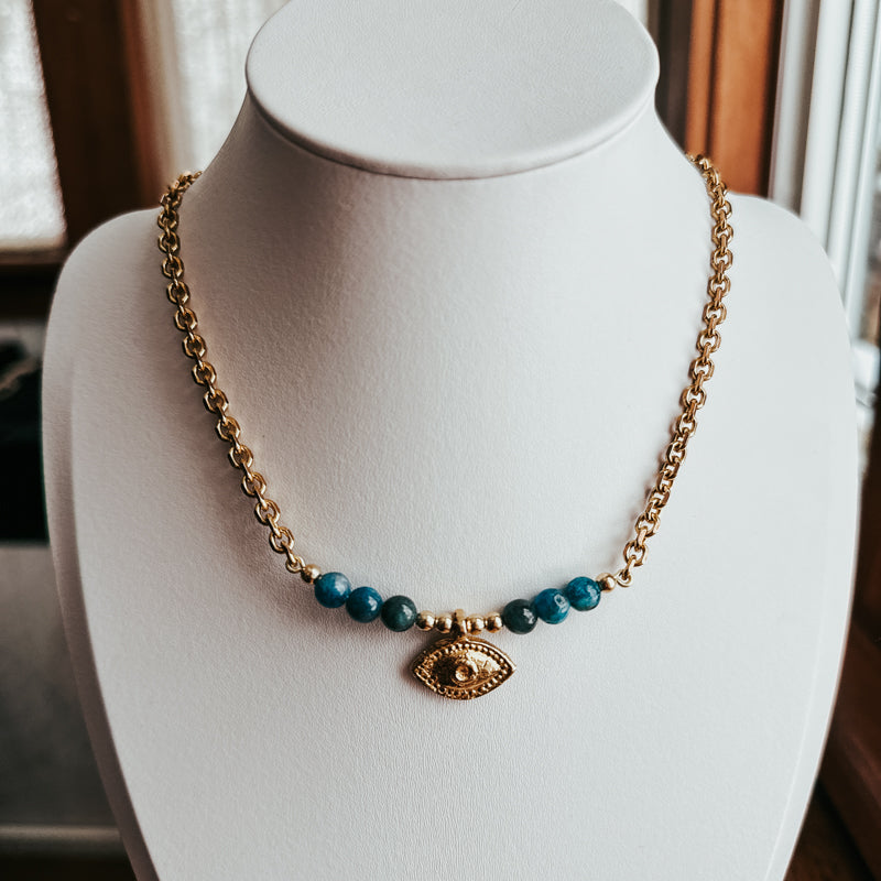 Evil Eye Natural Apatite Bar Necklace