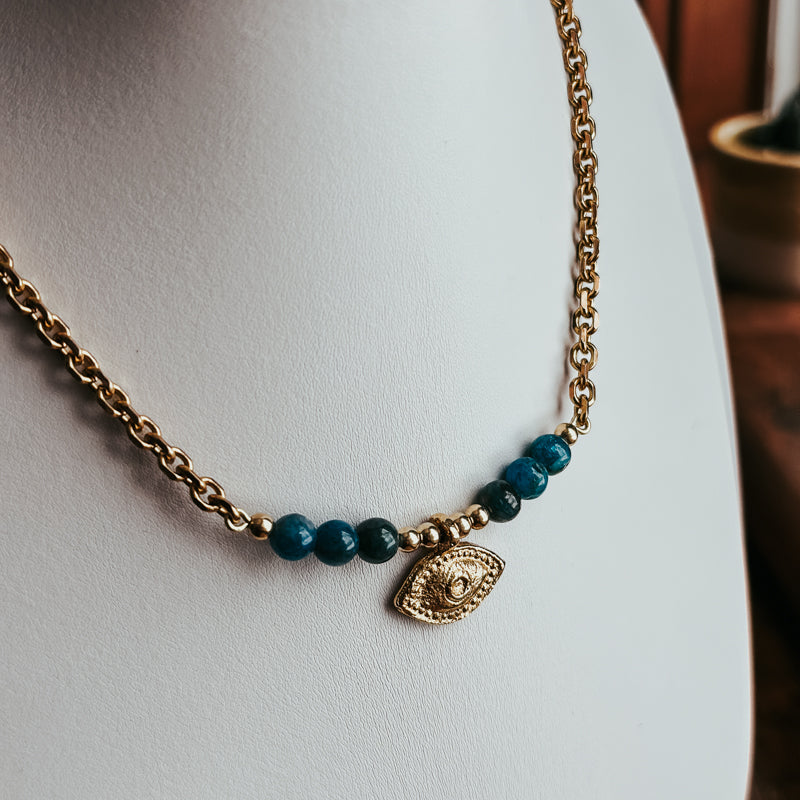 Evil Eye Natural Apatite Bar Necklace