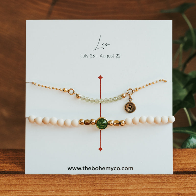 August Peridot Birthstone Zodiac Stack Bracelet Set