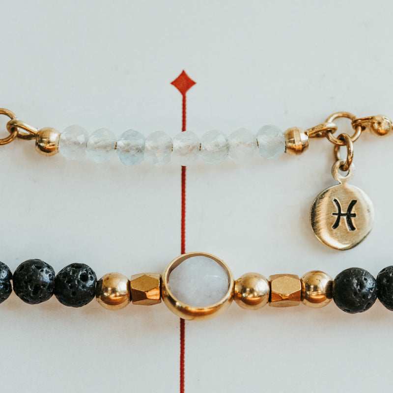 March Aquamarine Birthstone Zodiac Stack Bracelet Set
