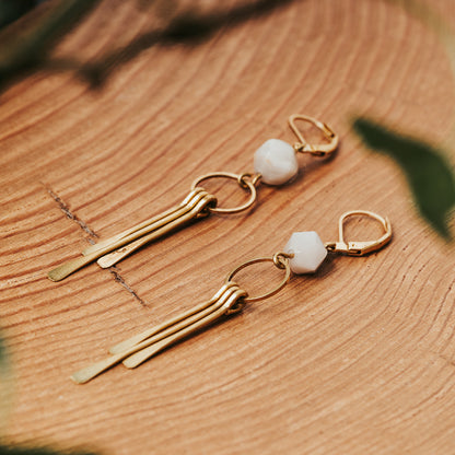 White Jade Brass Fringe Hoop Earrings