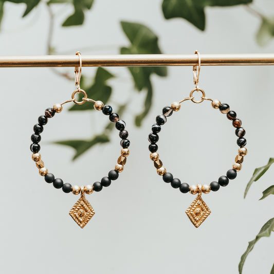 Black Striped Agate Lozenge Hoop Earrings