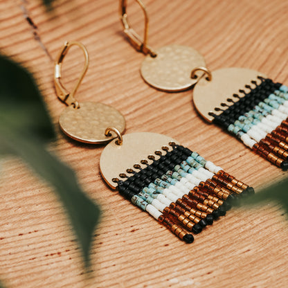 Rainbow Beaded Fringe 70s Boho Brass Earrings