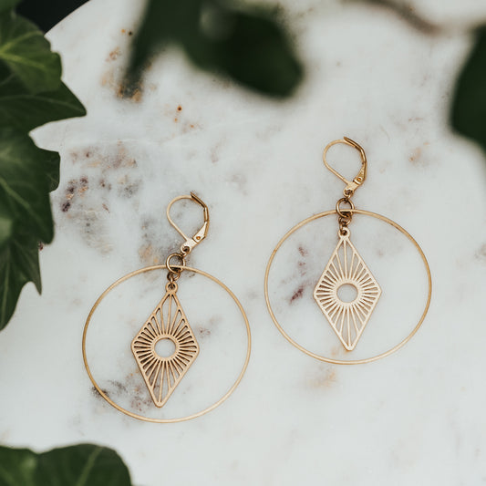 Lozenge Hoop Brass Earrings