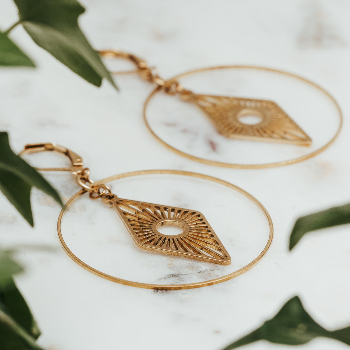 Lozenge Hoop Brass Earrings