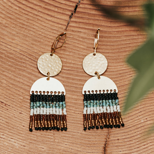 Rainbow Beaded Fringe 70s Boho Brass Earrings